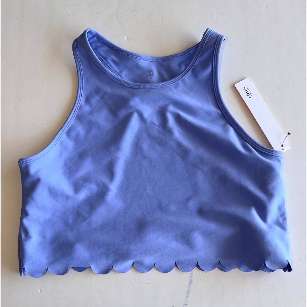 Aqua Athletic Scalloped Hem Sports Bra High Neck Racerback Periwinkle Blu XL NEW